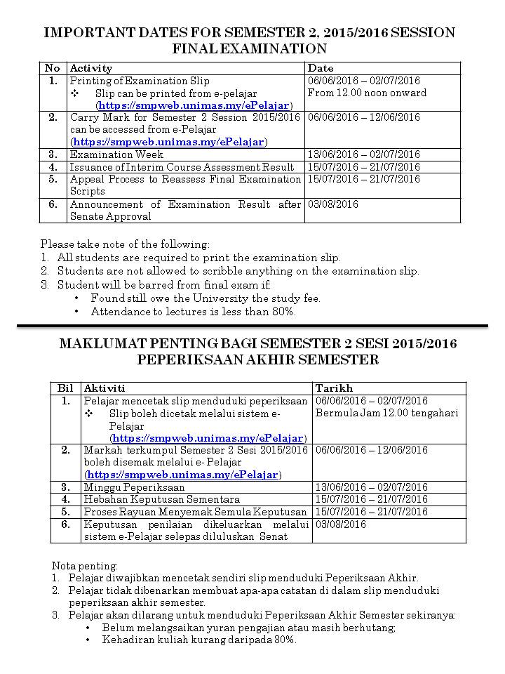 IMPORTANT DATES FOR SEMESTER 2, 2015/2016 SESSION FINAL EXAMINATION 