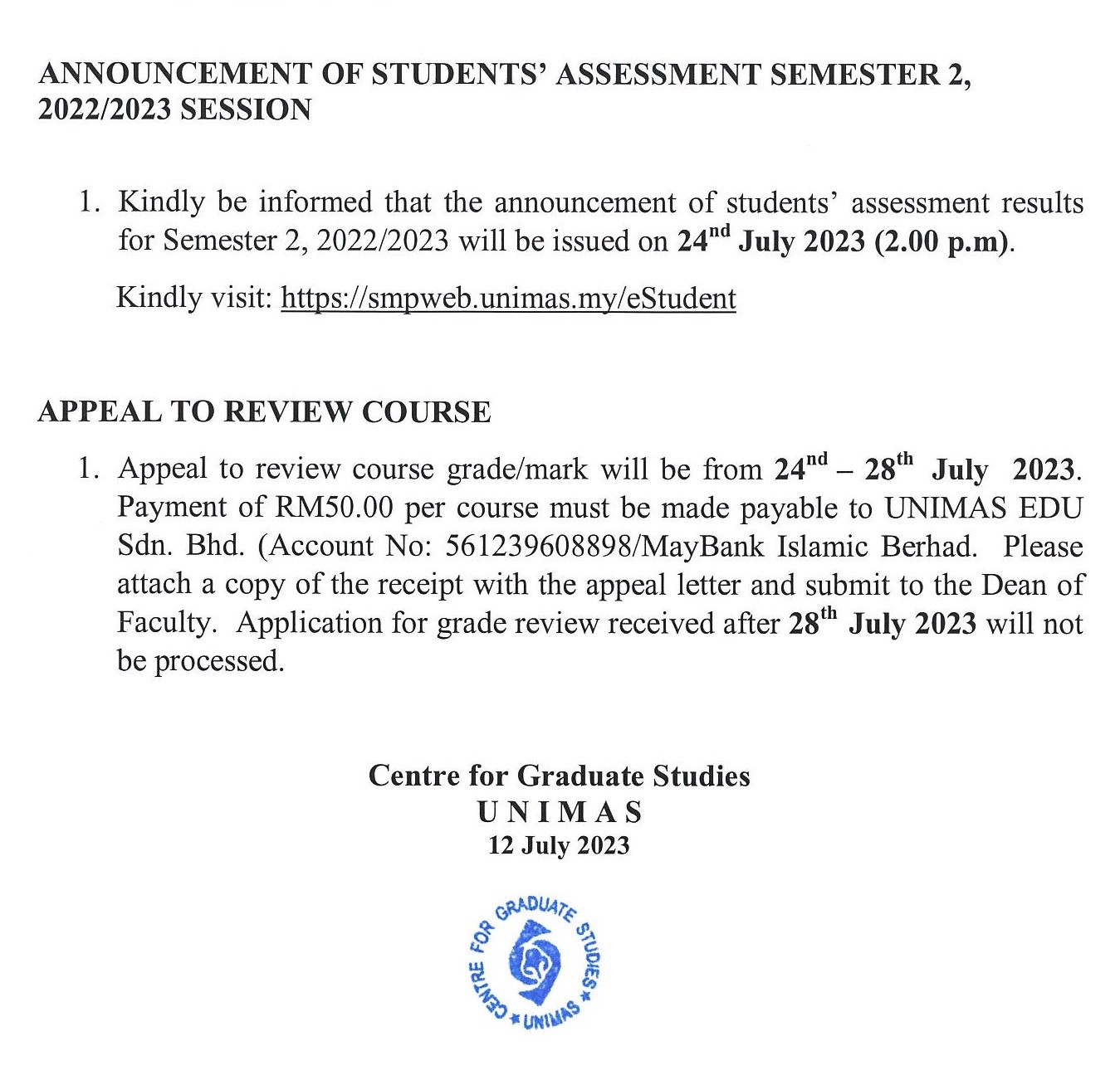 ANNOUNCEMENT OF STUDENTS’ ASSESSMENT SEMESTER 2, 20222023 SESSION (CALENDER ACADEMIC)A.jpg