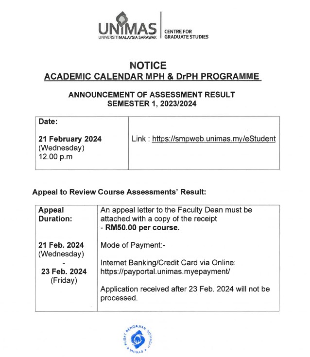 Announcement of Assessment Result Semester 1, 20232024 Session (MPH & DrPH Programme).jpg